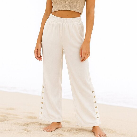 Soft Surroundings Oceo Gauze Wide Leg Pants White Wood Buttons Beachy Flowy L - Picture 1 of 10